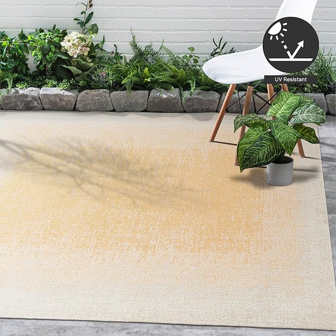 FH Home Outdoor Rug - Waterproof Easy to Clean Stain Resistant - Patio Indoor Outdoor Porch Deck Balcony Entryway - Ombre Modern - Dhruva - Yellow - 5ft 2in x 7ft 6in