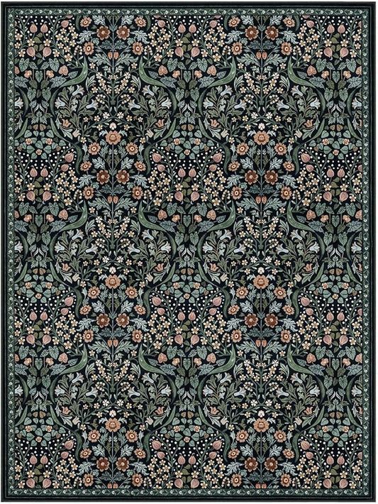Lahome Floral 9x12 Black Rug for Living Room, Boho Thin Stain Resistant Dining Room Rugs for Under Table, Soft Carpet with Rubber Backing for Guestroom