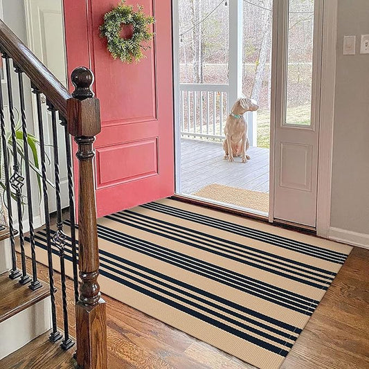 KOZYFLY Striped Front Door Mat 3x5 Ft Brown and Black Front Door Rug Cotton Washable Indoor Outdoor Rug Doormats Outdoor Striped Area Rugs for Kitchen Entryway Front Porch