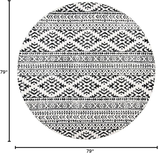 SAFAVIEH Tulum Collection Area Rug - 6'7" Round, Ivory & Black, Moroccan Boho Tribal Design, Non-Shedding & Easy to Clean, Ideal for Living Room, Bedroom, Dining Space (TUL272B)