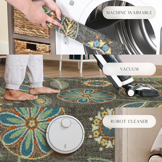 Maples Rugs Reggie Floral Runner Rug - Made in USA - Washable, Non Slip Indoor Carpet for Kitchen, Hallway, and Laundry Room, 1'8 x 4', Dark Grey