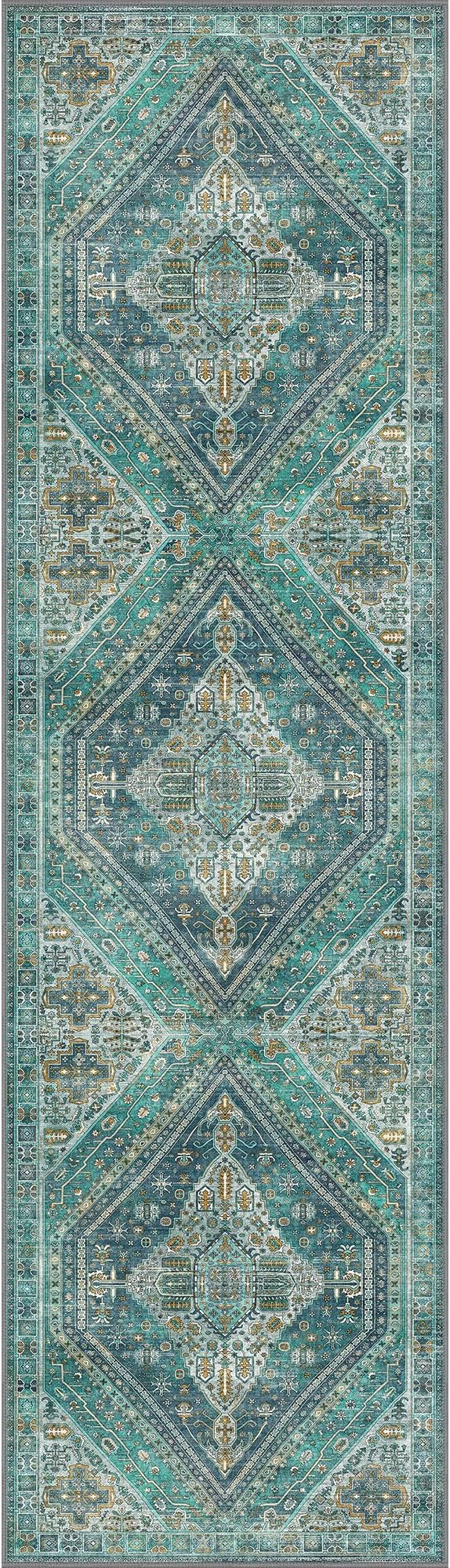 Bavni Kitchen Rug 2x7 Runner Rugs for Hallways Entryway, Washable Vintage Print Carpet, Ultra-Thin Chenille Low Pile Lightweight Rug with Non Slip Backing, Blue/Green