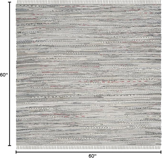 SAFAVIEH Rag Rug Collection Area Rug - 5' Square, Grey, Handmade Boho Stripe Cotton, Ideal for High Traffic Areas in Living Room, Bedroom (RAR121A)