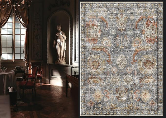 RUGSURE Washable Area Rugs - Perfect for Living Room, Bedroom, Kids Room, Nursery - Stain & Water Resistant Non-Slip, Pet & Child Friendly, Vintage Tribal Area Rugs (Turmeric and Grey, 5' x 7')