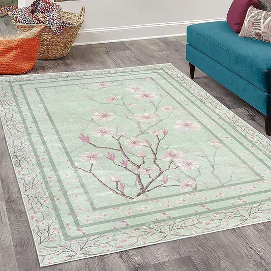 Ambesonne Apple Blossom Decorative Rug, Flowers and Blooming Spring Season Branches Nature Garden Romance, Quality Carpet for Bedroom Dorm and Living Room, 5' 1" X 7' 5", Mint Green and Pink