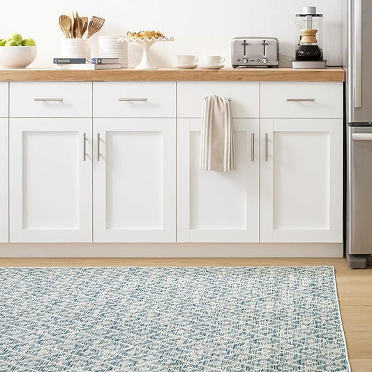 Dash & Albert Melange Diamond Blue Machine Washable Rug, 7.5 X 9.5 Feet, Blue Geometric Pattern