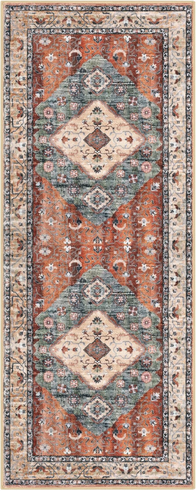 KOZYFLY Runners for Hallways 3x8 Ft Washable Kitchen Runner Rug Boho Runner Rug for Entryway Indoor Rust/Orange/Blue Printed Oriental Faux Wool Floor Carpet Runner for Bedroom Kitchen Hall