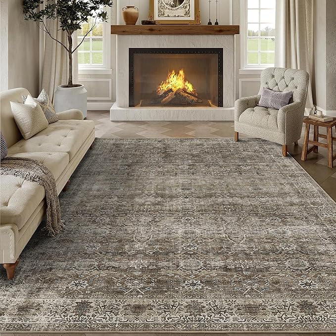 5x7 Washable Rug for Living Room Large Vintage Distressed Bedroom Rug Low Pile Non-Slip Soft Boho Carpets for Bedroom Dining Room Home Office Indoor Nursery Antique/Moss