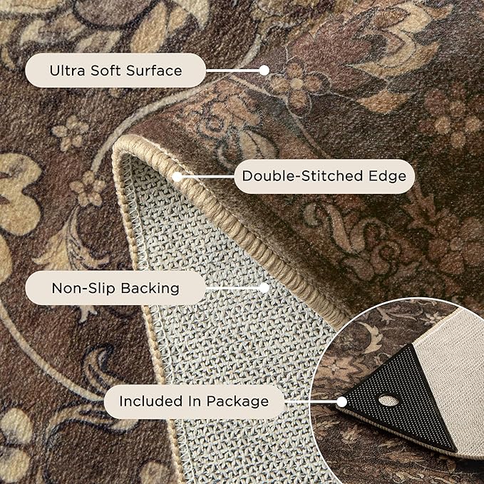 8x10 Washable Rugs for Living Room, Soft Large Rugs Brown Area Rug, Indoor Vintage Carpet for Bedroom Dining Room Office, Rubber Backed Non Slip Low Pile Mat, Dark Brown