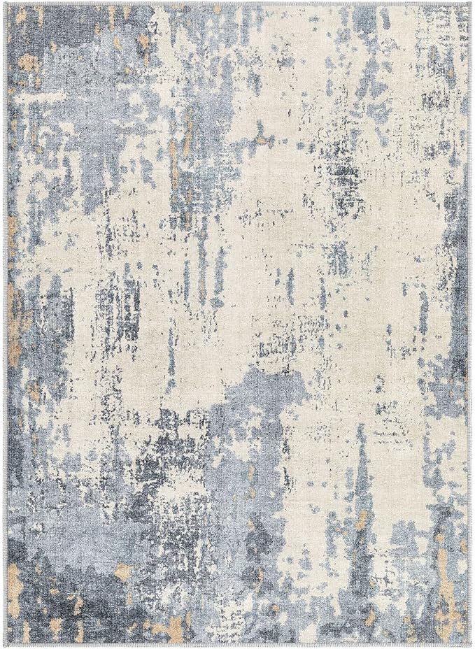 4x6 Area Rug Living Room Rugs - Washable Neutral Modern Abstract Soft Thin Rug Indoor Floor No Slip Rug Carpet for Bedroom Under Dining Table Home Office Decor - Blue/Light Brown