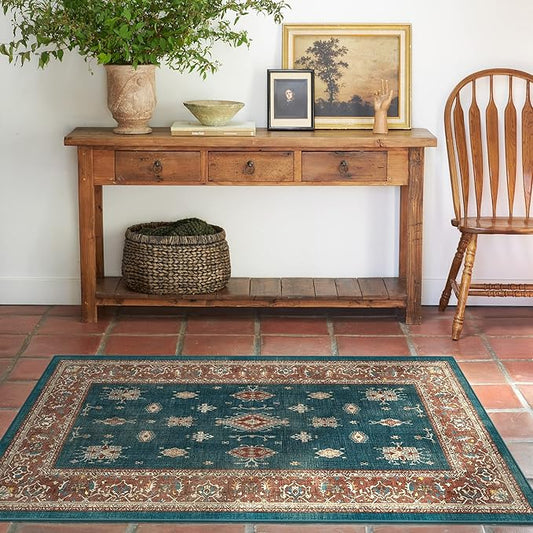 RUGGABLE Washable Vintage Area Rug – Verena Teal Blue 4x6, Stain-Resistant, Non-Slip – Medium Machine Washable Rugs for Living Room, Bedroom, Hallway, Entryway & Office–with Cushioned Pad
