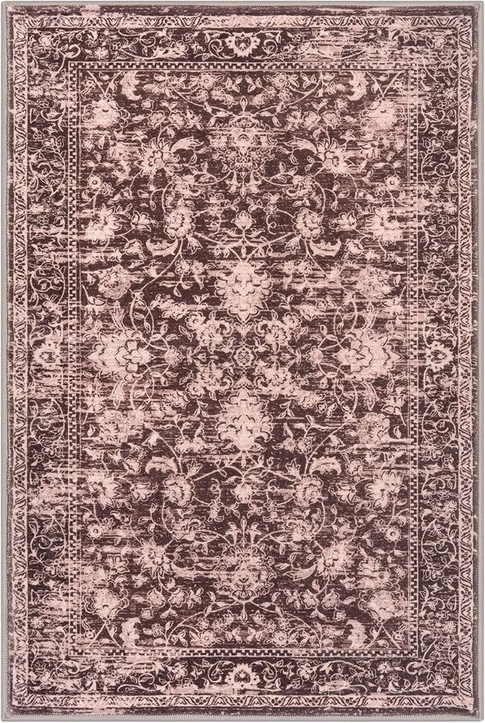 KILOCOCO Area Rug 3x5 Entryway Rug Washable Printed Vintage Floral Rubber Backed Non Slip Indoor Kitchen Rugs for Living Room Laundry Room Playroom Mudroom Moroccan Area Rugs, Red