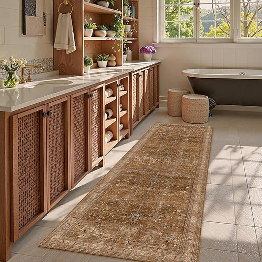 Washable Area Rug 2'6'' x 8' Vintage Traditional Persian Mat - Foldable Distressed Non-Slip Machine Washable Carpet for Living Room Bedroom Kitchen Home Decor - Bronze and Ivory