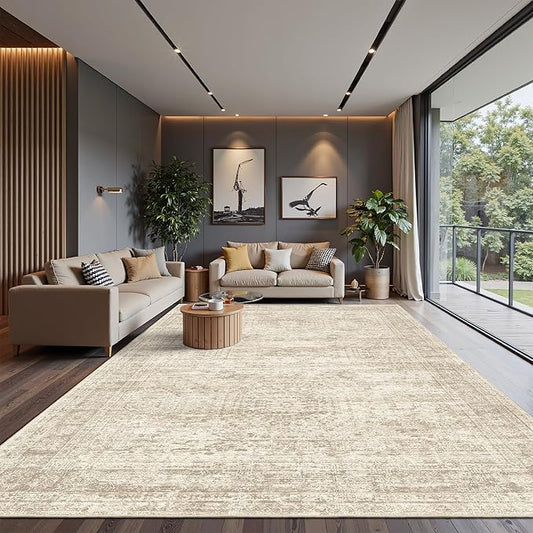 10x14 Area Rugs for Living Room, Non Slip Machine Washable Vintage Rugs, Low Pile Lightweight Large Rug for Bedroom, Dining Room, Home Office Beige