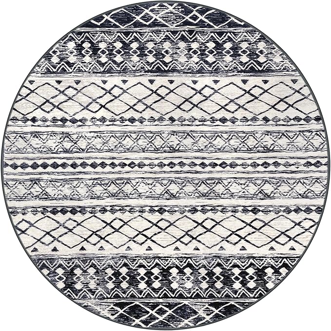 KUTA Round Washable Rug 3Ft Boho Black Navy Blue Entryway Rugs, Moroccan Foyer Kitchen Carpet Non-Slip, Soft Distressed Geometric Low-Pile Circle Throw for Hallway Bedroom Nursery Dorm