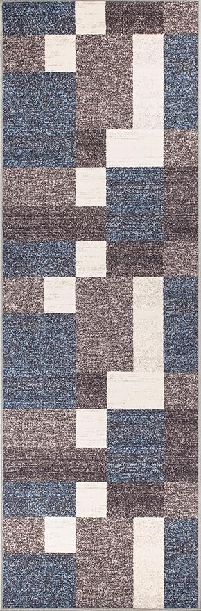Rugshop Geometric Modern Boxes Design Non-Slip (Non-Skid) Carpet for Hallway,Kitchen,Entryway Runner Rug 2'7" x 6' Blue