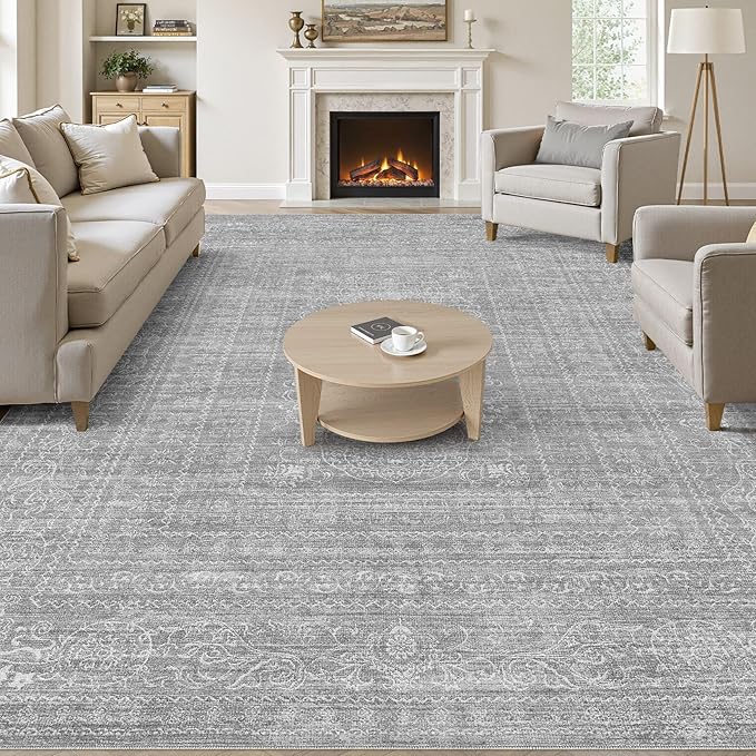 12x15 Area Rug Living Room: Washable Large Vintage Grey Rug Neutral Non-Slip Soft Stain Resistant Indoor Carpet for Bedroom Nursery Dining Room Under Table Bed Home House Office Playroom
