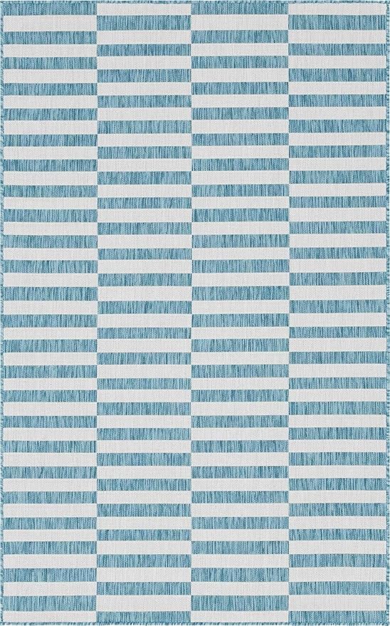 Unique Loom Outdoor Striped Collection Area Rug - Striped (5' 1" x 8' Rectangle, Light Aqua/Ivory)