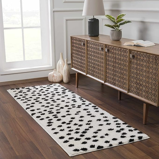 Hauteloom Tilos Dalmatian Hallway, Entryway Shag Runner Rug - Shaggy Runner Rug - Dot Pattern - High Plush Pile - Black, White - 2'7" x 7'3"