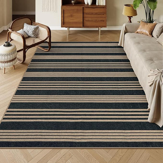 Lahome Striped Easy Jute Rugs for Living Room, 6x9 Washable Indoor Outdoor Patio Rug, Neutral Thin Non Slip Non Shedding Black Dining Room Carpet for Under Table Mudroom Classroom