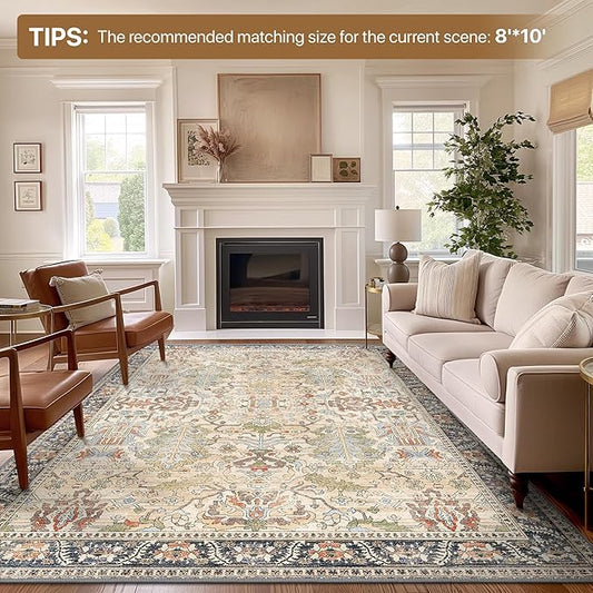 Bavni Area Rugs 8x10 Clearance, Rugs for Living Room, Machine Washable Rug Lightweight Low Pile, Chenille Non Slip Rug Boho Print Decorative Carpet for Bedroom Dinning Room, Ivory/Teal