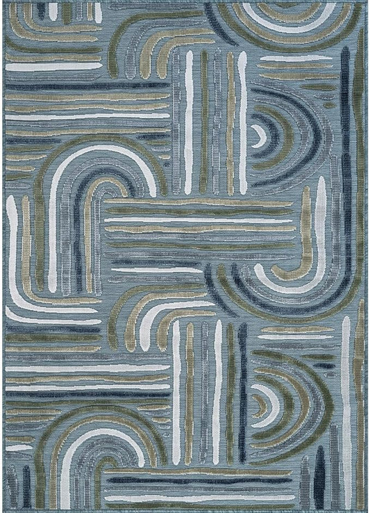 CAMILSON Indoor Outdoor Rug, Aqua 5x7 Geometric Arch Striped Area Rugs for Patio and Home Areas, Easy-Cleaning Non-Shedding Living Room, Garden and Deck Washable Outside Carpet (5 x 7)