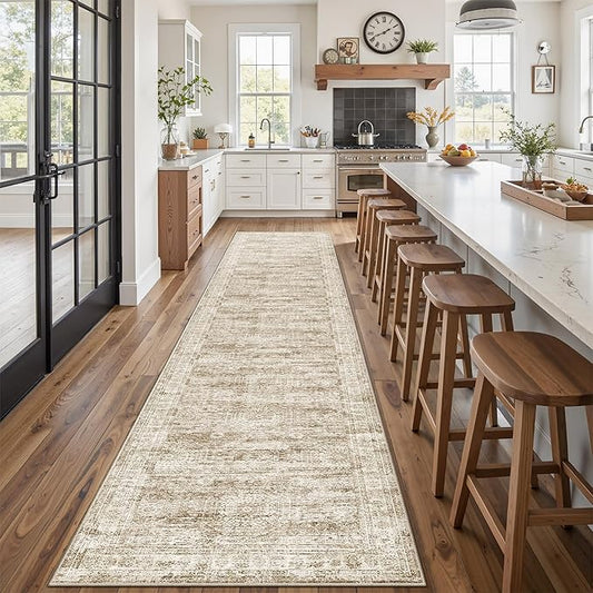 Runner Rug 2'6" x 14' Washable Non-Slip Runner Rugs for Kitchen Bathroom Laundry Room Vintage Ultra Thin Runners for Hallway Entryway Brown