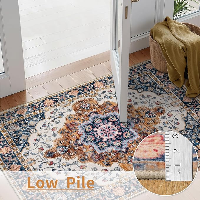 Ciicool 3x5 Area Rug, Washable Boho Rugs for Bedroom Non-Slip Indoor Rugs Large Low-Pile Mat Floor Carpet Vintage Rug for Kitchen Living Room Office Dinning Foyer Decor