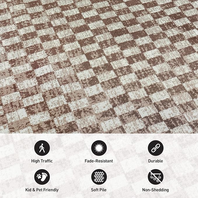 Rugshop Beige Checkered Area Rug – Textured Grid Pattern Carpet for Living Room, Bedroom, or Office – Neutral Contemporary Soft Floor Décor 5' x 7' Beige