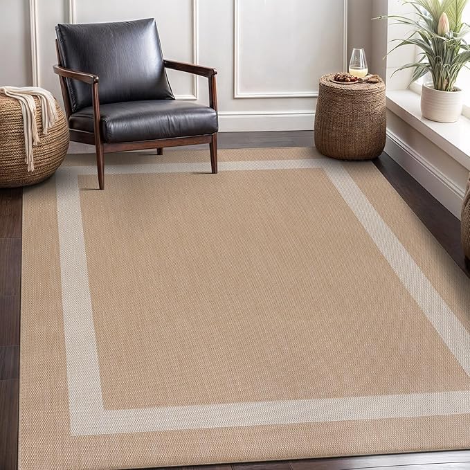 CAMILSON Outdoor Rug 6x9, Modern Outside Rugs for Patios Porches Waterproof Durable Washable Non-Shedding, Easy-to-Clean Indoor Outdoor Area Carpet (6 x 9, Bordered - Beige/White)