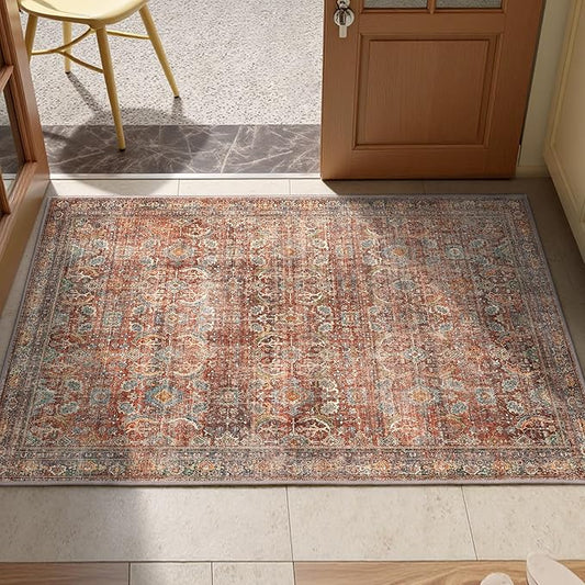 GENIMO 2x3 Area Rugs for Living Room, Machine Washable Non Slip Vintage Rugs, Low Pile Lightweight Chenille Print Rug for Bedroom, Dining Room, Home Office, Terracotta Indigo