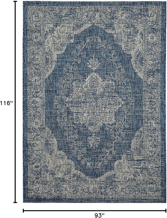 FH Home Outdoor Area Rug - Waterproof Easy to Clean Stain Resistant - Patio Indoor Outdoor Porch Deck Balcony Entryway - Vintage Distressed - Gorgan - Blue - 7ft 8in x 9ft 8in