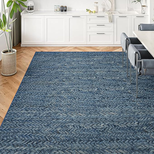 Eleisa Modern Vintage 5x7 Herringbone Chevron Area Rug for Living Room, Blue, Non-Slip Stain Resistant Washable Rug, Farmhouse Home Decor Carpet for Bedroom, Kitchen, Dining Room