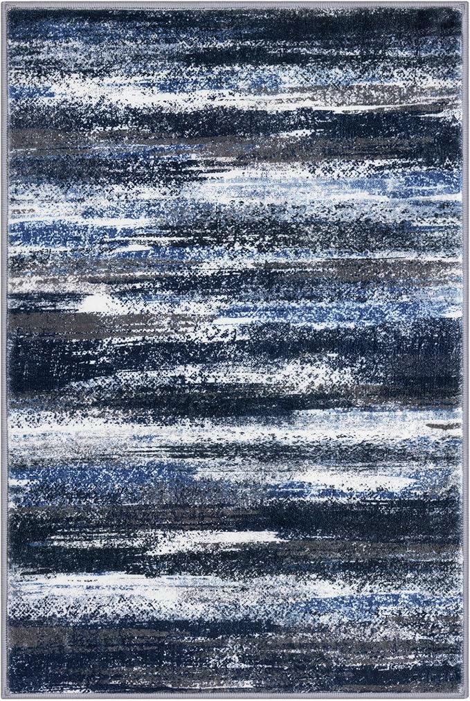 Modern Abstract Entryway Rug Indoor 2x3 Washable Rug Non-Slip Soft Small Area Rug Navy Blue Kitchen Mats Thin Print Faux Wool Floor Carpet Throw Rugs for Entrance Bedroom