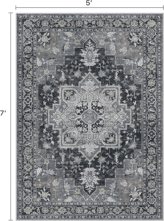 5x7 Area Rugs for Living Room, Machine Washable Rug, Non Slip Vintage Rugs, Low Pile Lightweight Print Rug for Bedroom, Dining Room, Home Office, Dark Gray