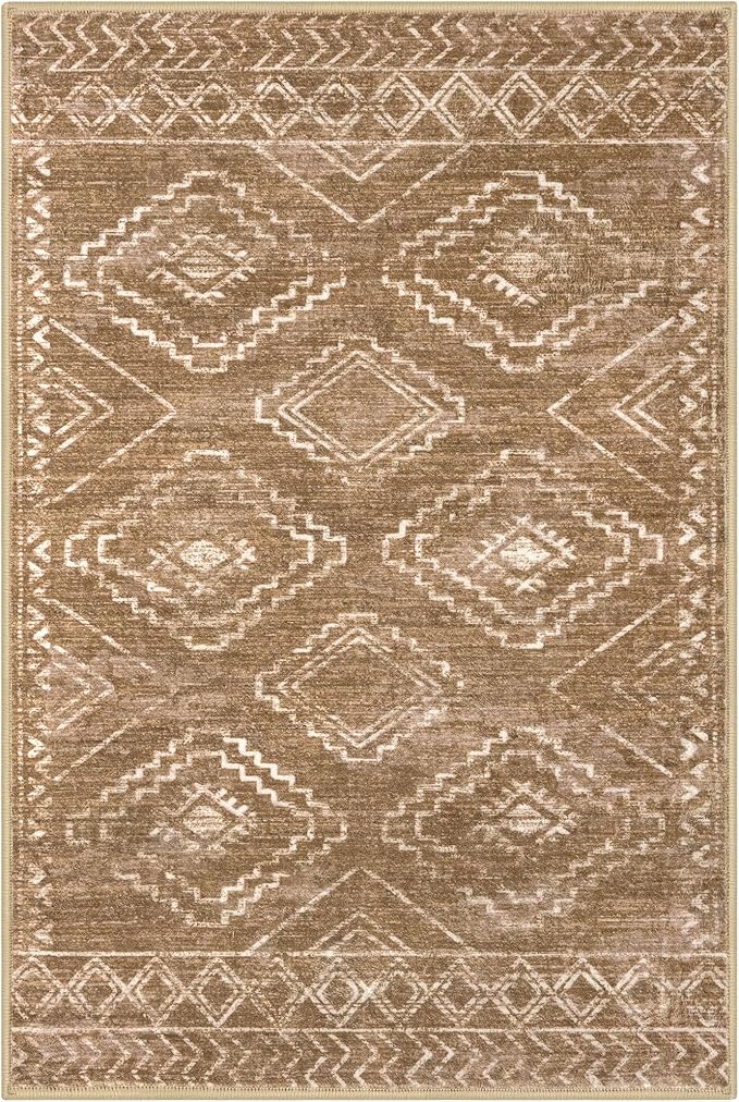 KILOCOCO Entryway Rug 3x5 Area Rug Boho Washable Non Slip Printed Throw Rugs Soft for Kitchen Living Room Dining Bedroom Geometric Moroccan Carpet, Yellow Brown Orange