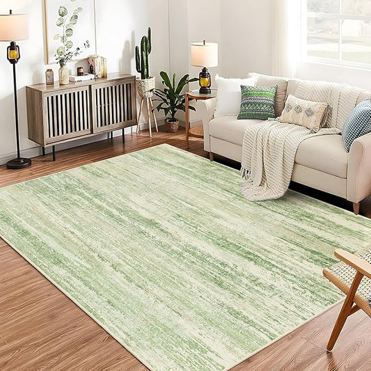 MUJOO 5x7 Washable Area Rug,Modern Abstract Rugs for Living Room Bedroom Dining Room,Large Non Slip Carpet Indoor,Low Pile Throw Rug Accent Neutral Green