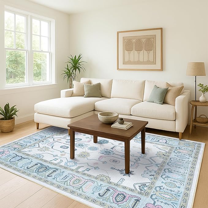 Fame Living Cream Green Oushak Rug, Modern Rugs, Vintage, Turkish, Eclectic, Floral, Pastel, Washable, Small Throw, Accent Area Rug for Living Room, Bedroom, Kitchen, Bathroom, 2'5"x4'9