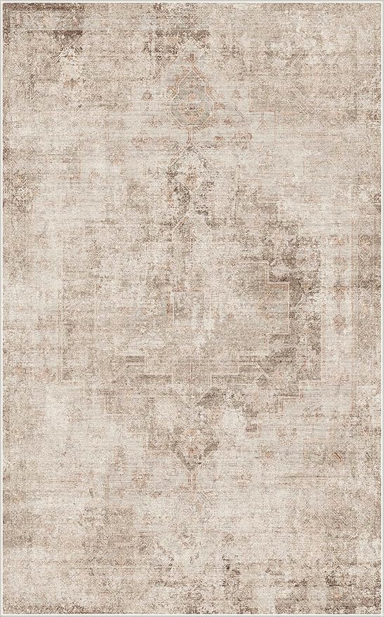 Beige & Brown 5x8 Area Rugs for Bedroom - Abstract Distressed Farmhouse Rug for Living Room, Home Office, Foyer, Kitchen Table, Foldable Soft Washable Low Pile Non Slip Stain Resistant