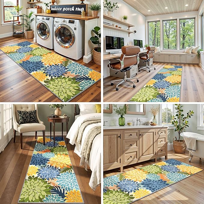 Colorful 2x6 Washable Runner Rug for Hallway Tropical Botanical Modern Floral Chenille Kitchen Rugs Low Pile Non Slip Carpet for Patio, Bedroom, Laundry, Green