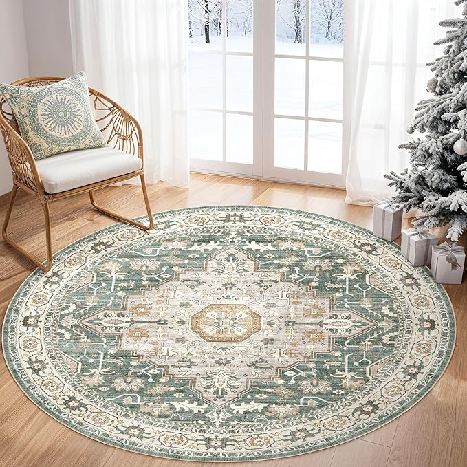 Round Rug Living Room Rugs: 5x5 Washable Boho Neutral Large Circle Soft Indoor Distressed Stain Resistant Floor Farmhouse Carpet for Bedroom Nursery Kids Playroom Office Dining Room Dorm- Green