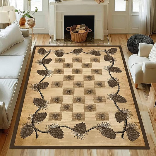 Vintage Plaid Area Rug 6x8ft Rustic Cabin Pine Cone Branches Lattice Pattern Rug Country Lodge Nature Plants Rugs, Soft Floor Rug Non-Skid Carpets for Living Room Farmhouse Indoor Floor Mat