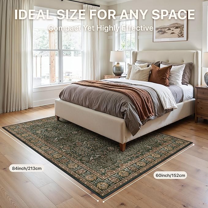 Bavni Area Rugs for Living Room, 5x7 Area Rugs Non-Slip Washable,Ultra-Thin Aesthetic Boho Rug for Bedroom Dinning Room Office, Dark Green/Multi