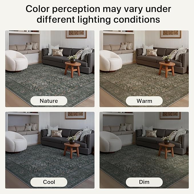 Bavni Washable Rugs 8x10-Machine Washable Rug Lightweight Low Pile, Vintage Floral Rug Non-Shedding Distressed Throw Carpet for Living Room Bedroom Office, Dark Green