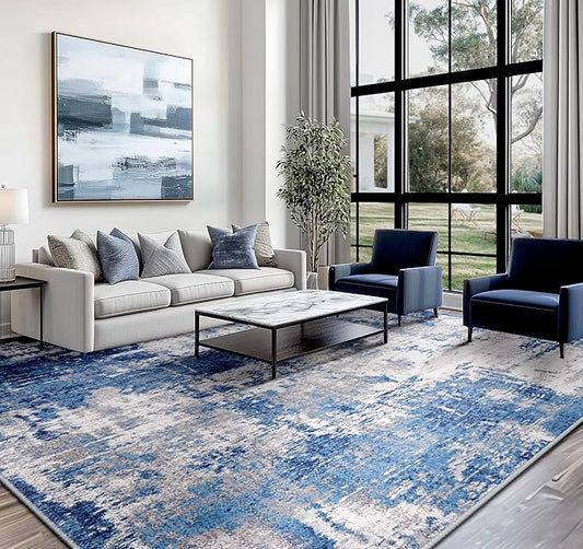 Washable Area Rugs 10'x14' Non-Slip Modern Abstract Soft for Living Room Entryway Bedroom Nursery, Print Pattern, Blue Grey Navy Gray