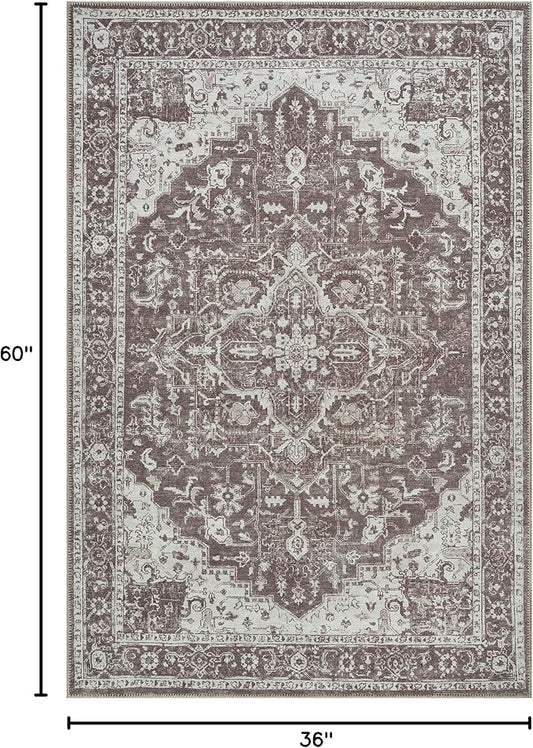 Bloom Rugs Washable Non-Slip 3' x 5' Rug - Dark Brown Traditional Medallion Area Rug for Living Room, Bedroom, Dining Room, and Kitchen - Exact Size: 3' x 5'