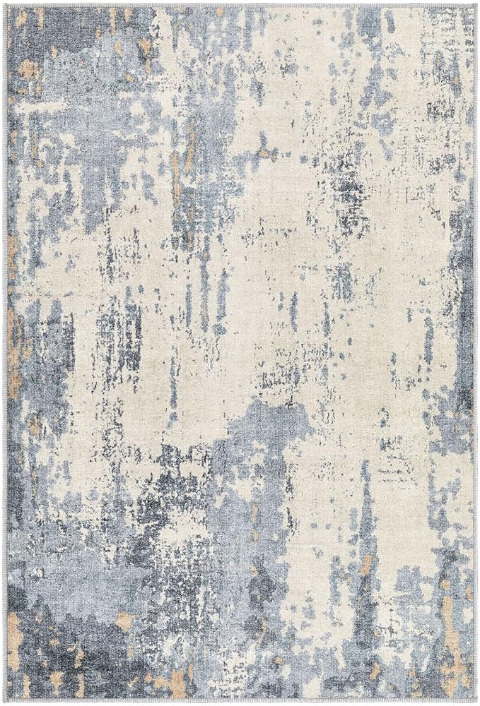 2x3 Entryway Area Rug: Washable Neutral Modern Abstract Small Rug - Non-Slip Low Pile Throw Indoor Carpet for Entrance Kitchen Front Door Mat Bathroom Entry Kids Room - Blue/Light Brown