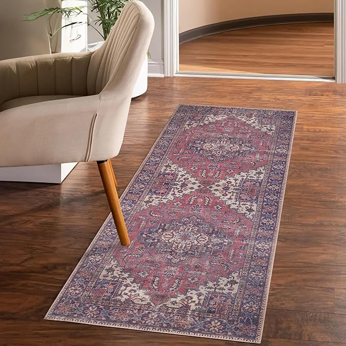 GLN Rugs Traditional Collection - Machine Washable Area Rug, Traditional Washable, Non Slip, Low Pile Chenille Rug, Living Room, Bedroom, Kitchen Rug (2'6" x 7' Multi Blue)