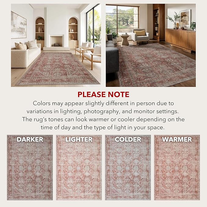Kuden 2'6"x7' Runner Rug, Machine Washable Area Rug with Non-Slip Backing, Vintage Style, Soft, Easy Clean, Low Pile Rug for Hallway, Entryway, Kitchen, Bedroom
