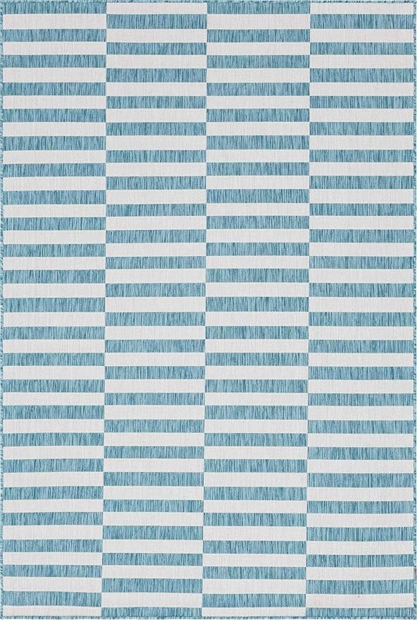 Unique Loom Outdoor Striped Collection Area Rug - Striped (6' 1" x 9' Rectangle, Light Aqua/Ivory)